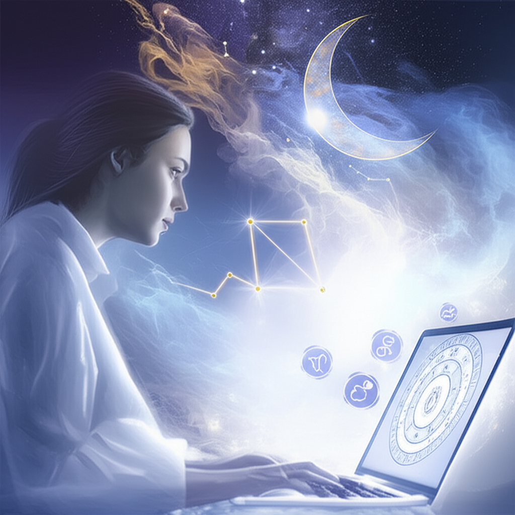 Изображение женщины, выбирающей астролога для консультации онлайн, с элементами звездного неба и цифровых технологий, символизирующими поиск руководства.