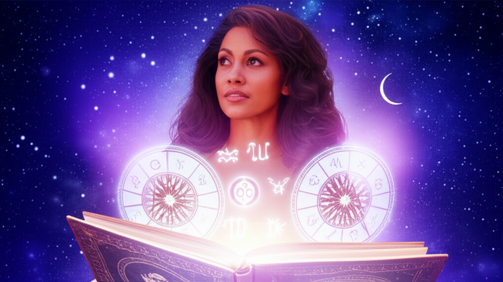 Женщина, сосредоточенно изучающая астрологическую карту, в поиске того, как выбрать астролога для глубокого самопознания, на фоне мерцающего звёздного неба.