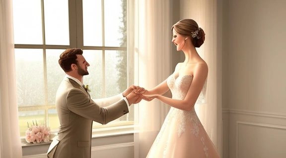 Пара выбирает день для свадьбы на календаре, символизируя ответственный выбор идеальной даты.