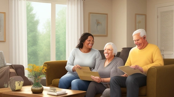 Счастливая семья, включая детей и родителей, обсуждает, как выбрать имя домашнему животному — пушистому щенку золотистого ретривера.