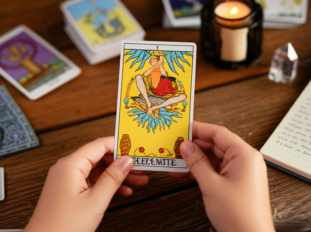 Руки новичка, держащие колоду Таро, окруженную другими колодами и эзотерическими предметами, символизирующими процесс выбора колоды Таро для новичка.