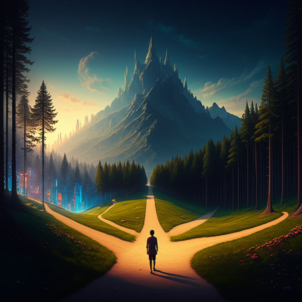 Человек на распутье решает, как выбрать правильный путь среди множества дорог, ведущих к разным будущим.