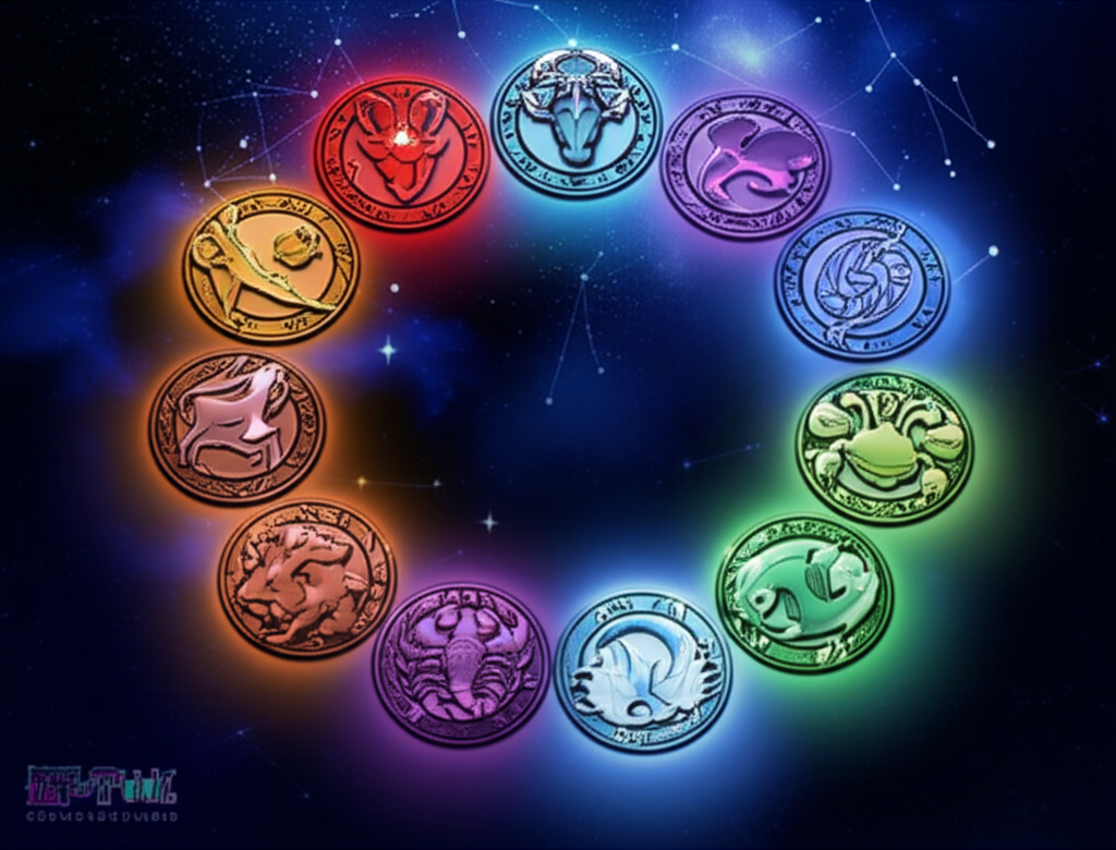 Коллекция из 12 уникальных талисманов, расположенных по кругу, каждый из которых идеально подходит для конкретного знака зодиака, демонстрируя, как выбрать талисман по знаку зодиака.