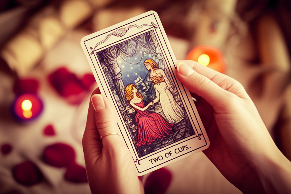 Изображение демонстрирует, как выбрать таро для гадания на любовь: женские руки нежно держат карту Таро с романтическим сюжетом на фоне свечей и мягкого света.