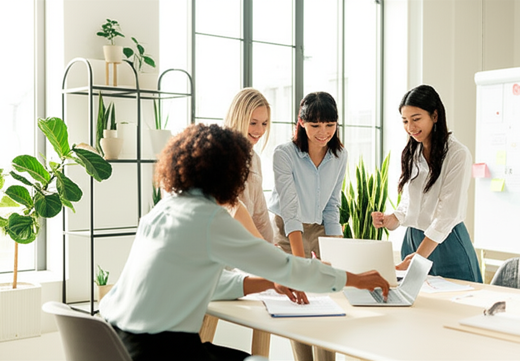 Иллюстрация, которая показывает, как выжить в женском коллективе через позитивное и продуктивное взаимодействие коллег.