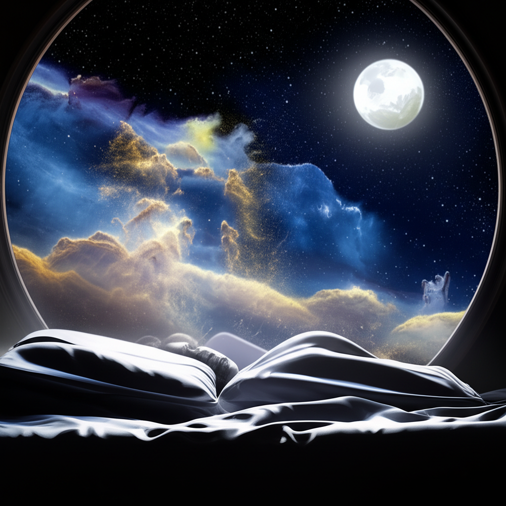 Человек спит в кровати, а над его головой витают символы, иллюстрирующие, как вызвать вещий сон.