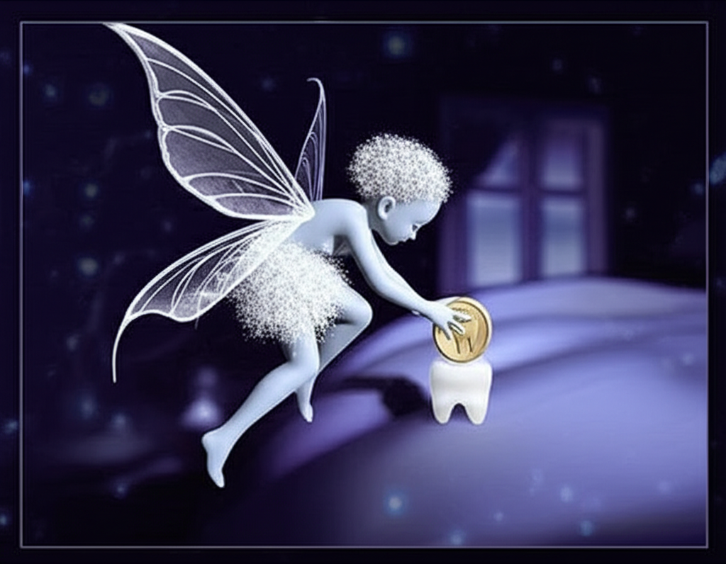 Волшебная иллюстрация, показывающая, как вызвать зубную фею к подушке ребенка.