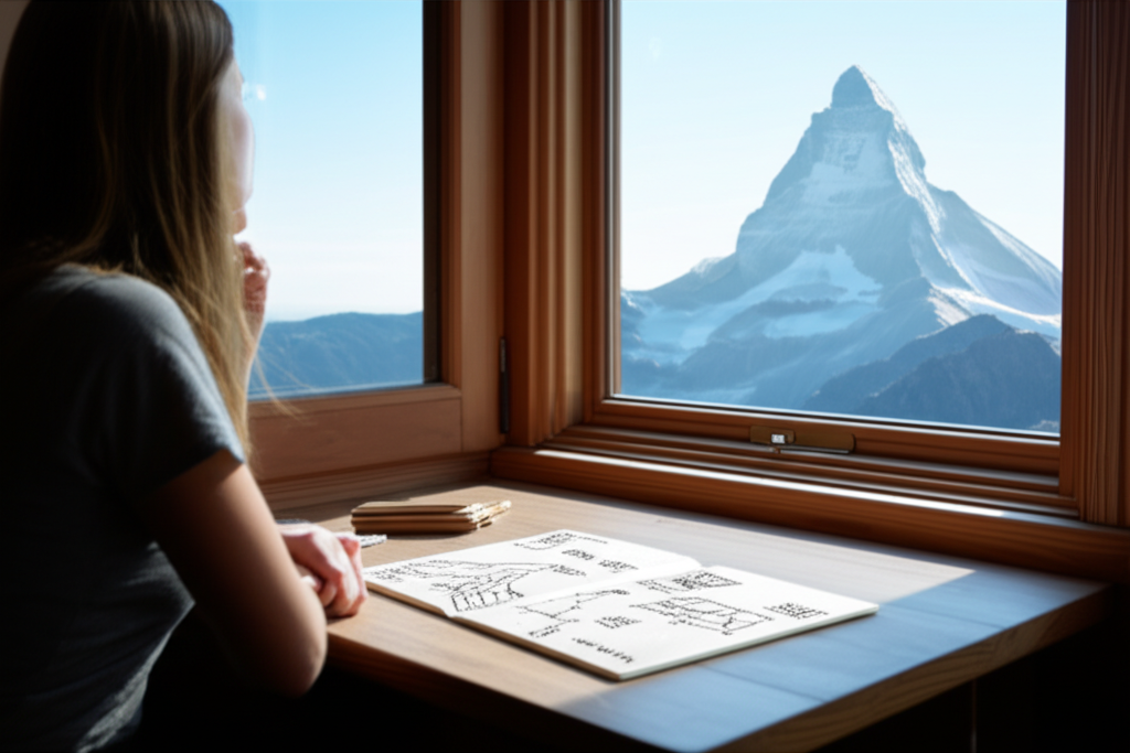 Наглядный пример того, как загаданное желание сбылось, — человек смотрит на свой план и видит его реализацию за окном.