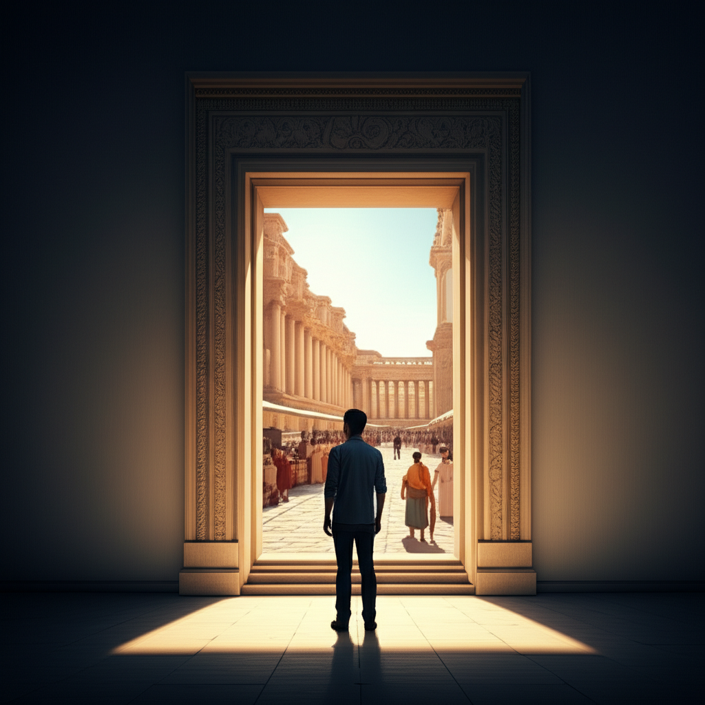 Современный человек использует технологическое окно, чтобы заглянуть в прошлое и увидеть жизнь Древнего Рима.