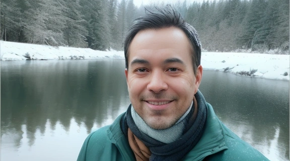 Счастливый мужчина закаляется в холодном озере, чтобы быть здоровым и сильным