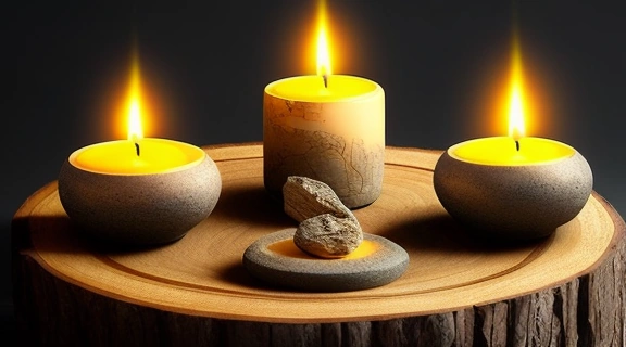 Изображение демонстрирует, как зарядить руны различными способами: на алтаре лежат рунные символы, окружённые чашей с водой, дымящимся шалфеем и горящей свечой, под лунным светом.