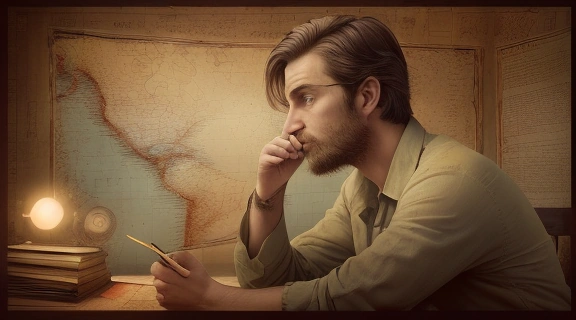 Мужчина Близнец в размышлении, окруженный символами двух личностей, демонстрирующий, как завоевать мужчину близнеца.