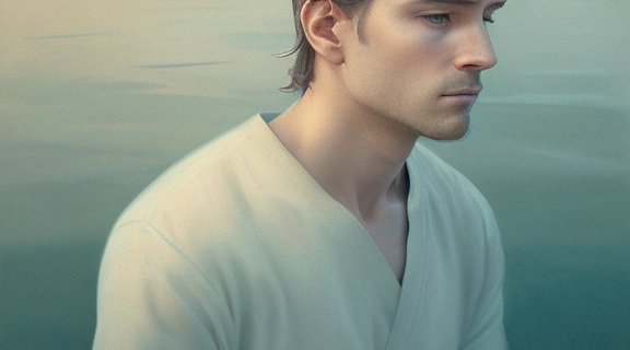 Мужчина-Рыбы сидит задумчивый, окруженный мягкими водными узорами, что символизирует, как завоевать мужчину рыбу, проявляя понимание его глубокой натуры.