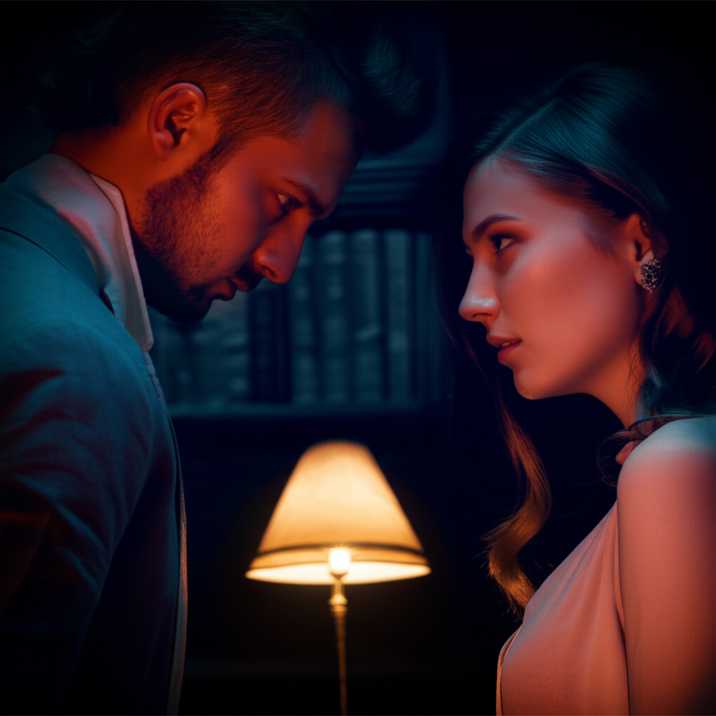 Загадочная пара в полумраке, как символ того, как завоевать мужчину скорпиона через интеллектуальную и эмоциональную связь.