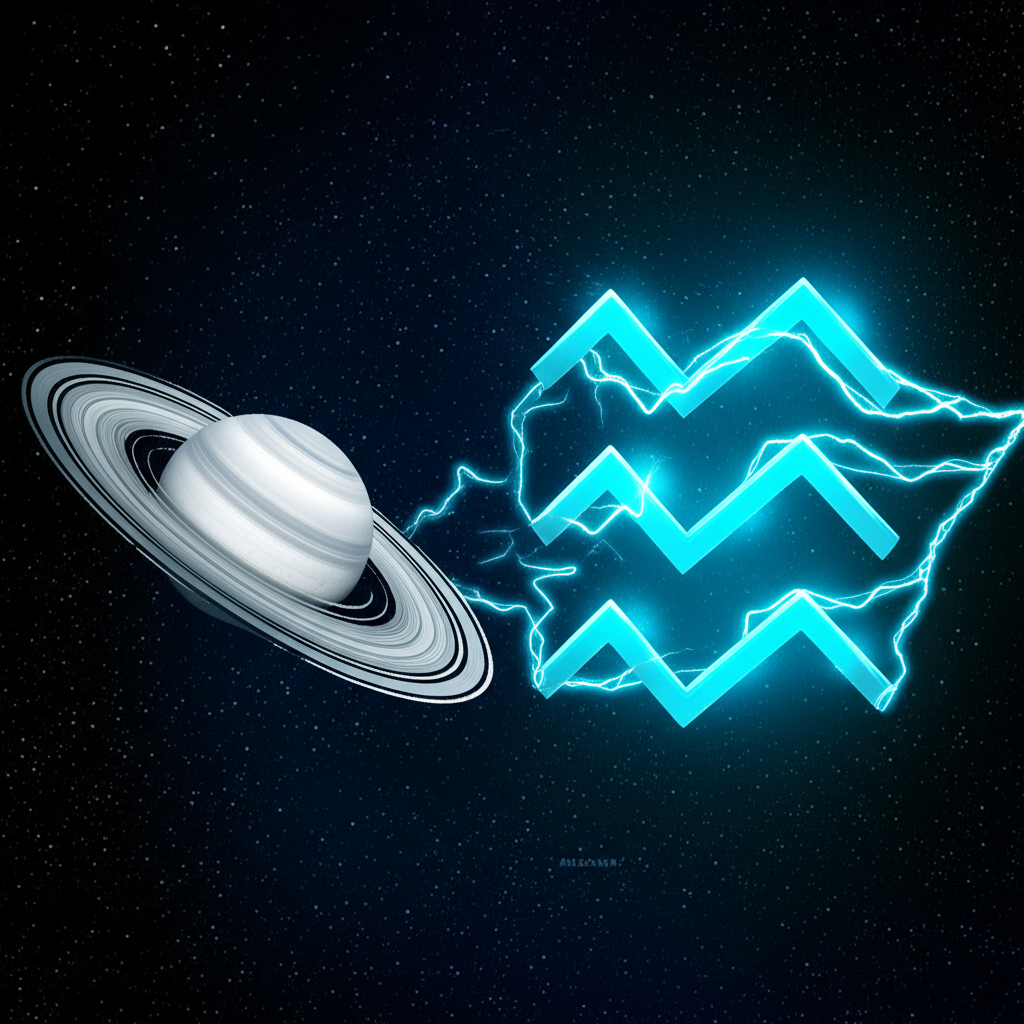 Астрологическая иллюстрация, показывающая, какая планета управляет Водолеем: Уран и Сатурн на фоне космоса.