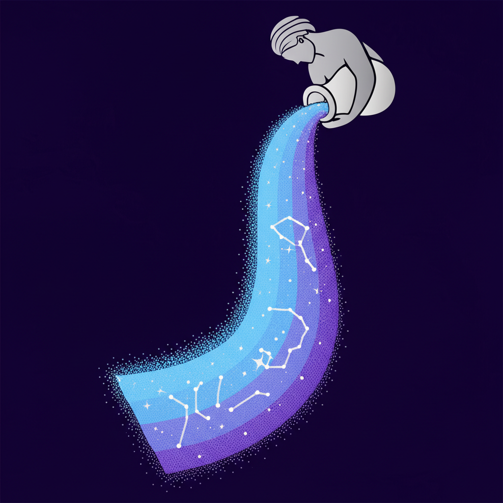 Иллюстрация, показывающая какая стихия у Водолея на самом деле — Воздух, символизированный потоком звезд.
