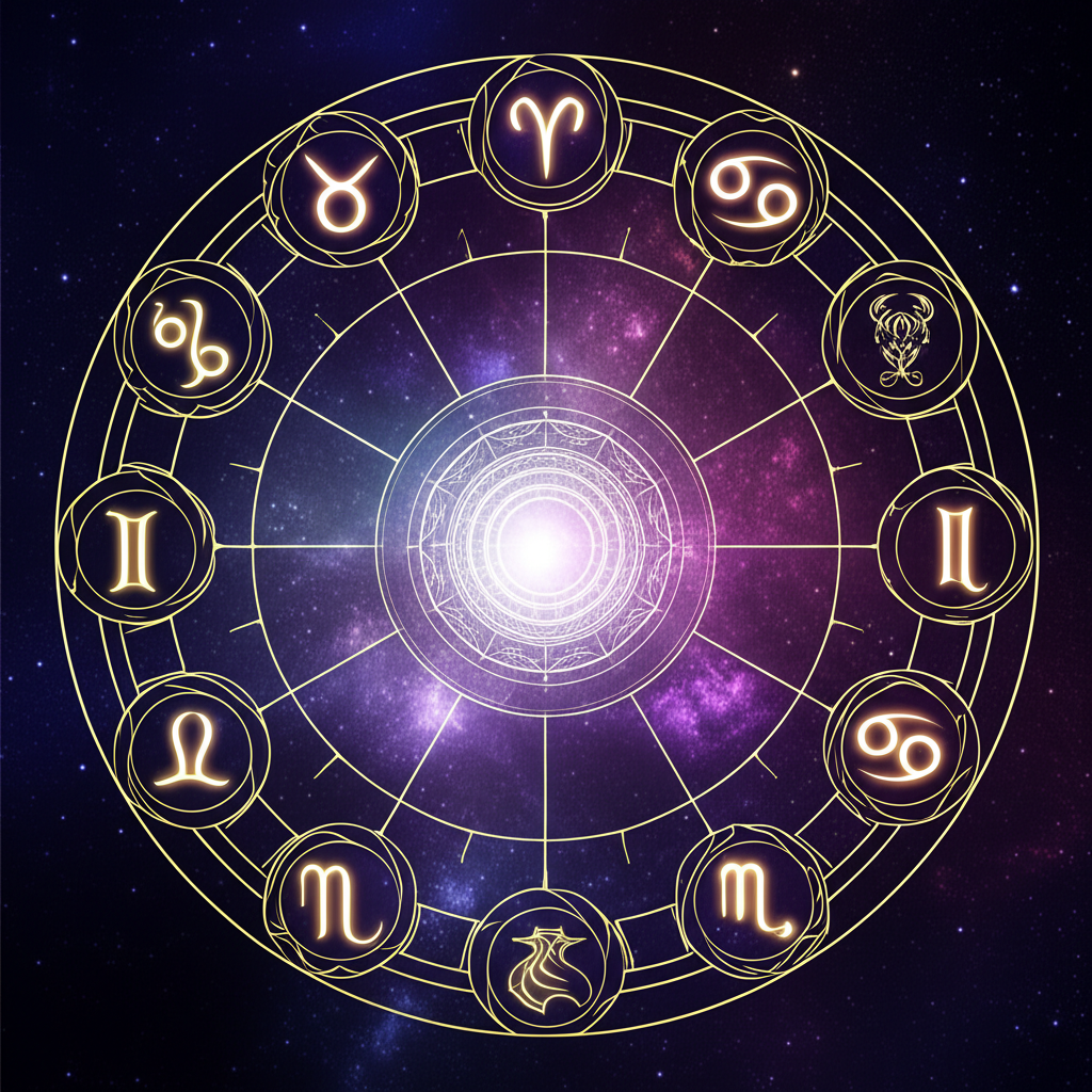 Какие знаки зодиака в виде светящегося астрологического круга на фоне космоса.