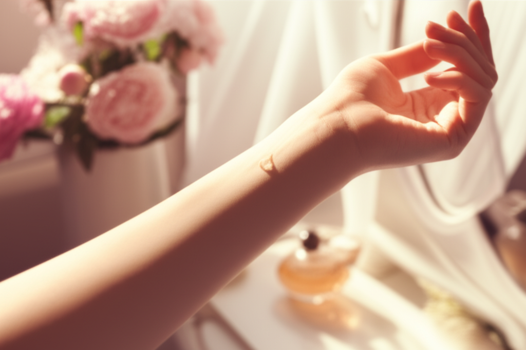 Стилизованное фото, иллюстрирующее, какой аромат подходит человеку: флаконы и ноты на фоне кожи