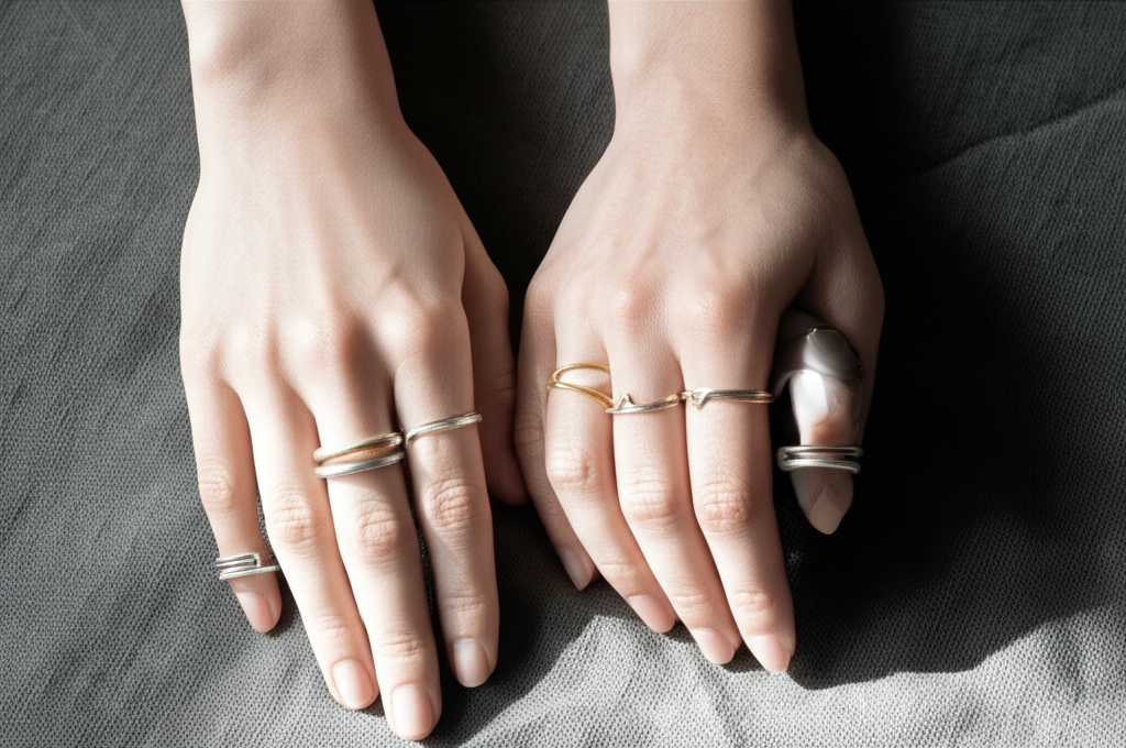 Элегантные руки с кольцами, иллюстрирующие, какой палец выбрать для ношения кольца для самовыражения.