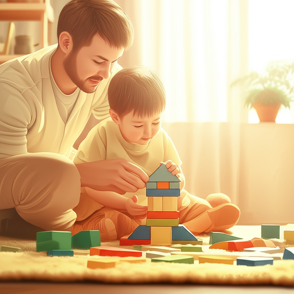 Иллюстрация для статьи на тему 'Какой вы родитель', изображающая заботливого взрослого и ребенка, строящих башню из кубиков.