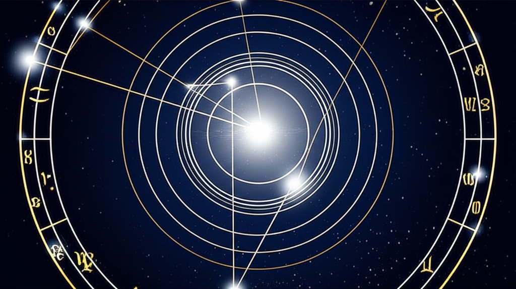 Инфографика, иллюстрирующая календарь астрологических событий с планетами и знаками зодиака.