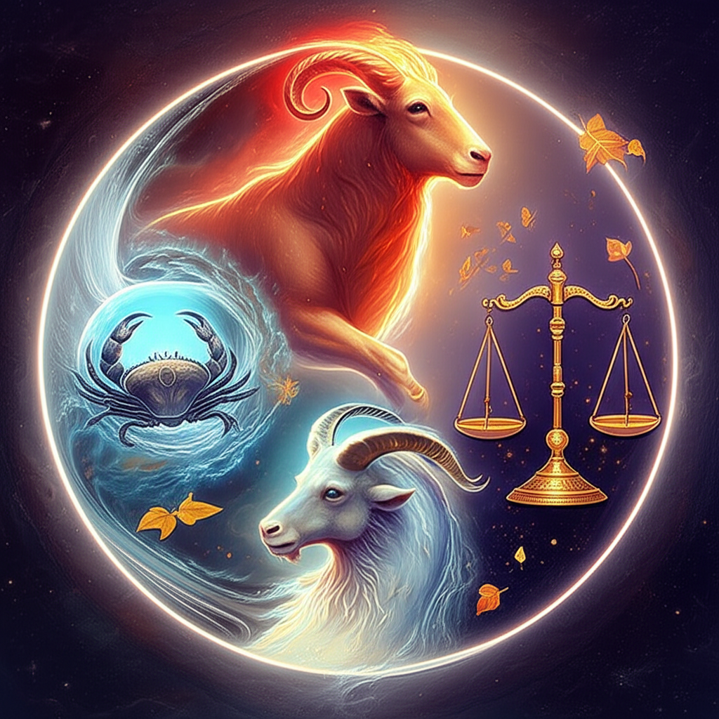 Символическое изображение, объединяющее все четыре кардинальные знаки зодиака в единой композиции, демонстрирующее их уникальные энергии и взаимосвязь.