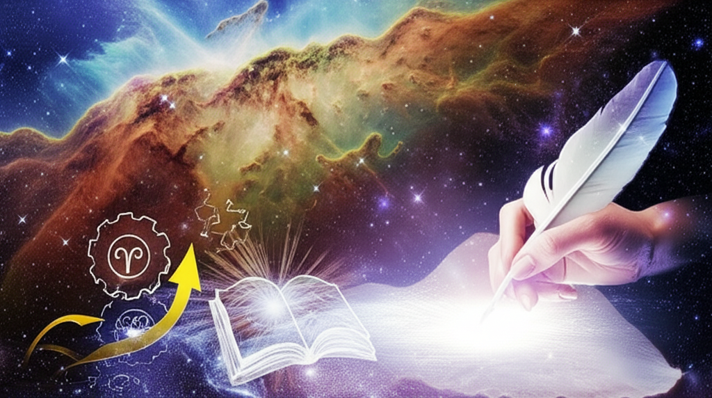 Изображение демонстрирует калейдоскоп звезд, зодиакальных символов и элементов, символизирующих карьерный рост, визуализируя концепцию 'карьерный гороскоп на месяц' и даруя вдохновение.