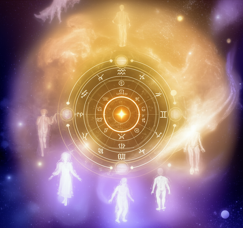 Мистическая иллюстрация, показывающая связь кармы и реинкарнации в астрологии через светящуюся натальную карту и эфирные фигуры.