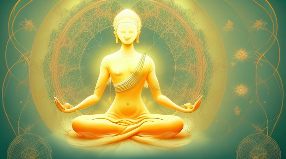 Карма и счастье: Человек на пути к гармонии, окруженный светящимися символами жизненного баланса и благополучия.