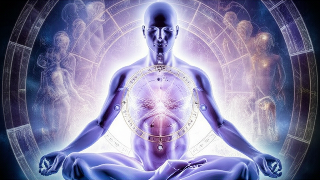 Изображение, символизирующее глубокую связь между кармической астрологией и прошлыми жизнями, показывающее медитирующую фигуру в окружении космических энергий и древних астрологических символов.