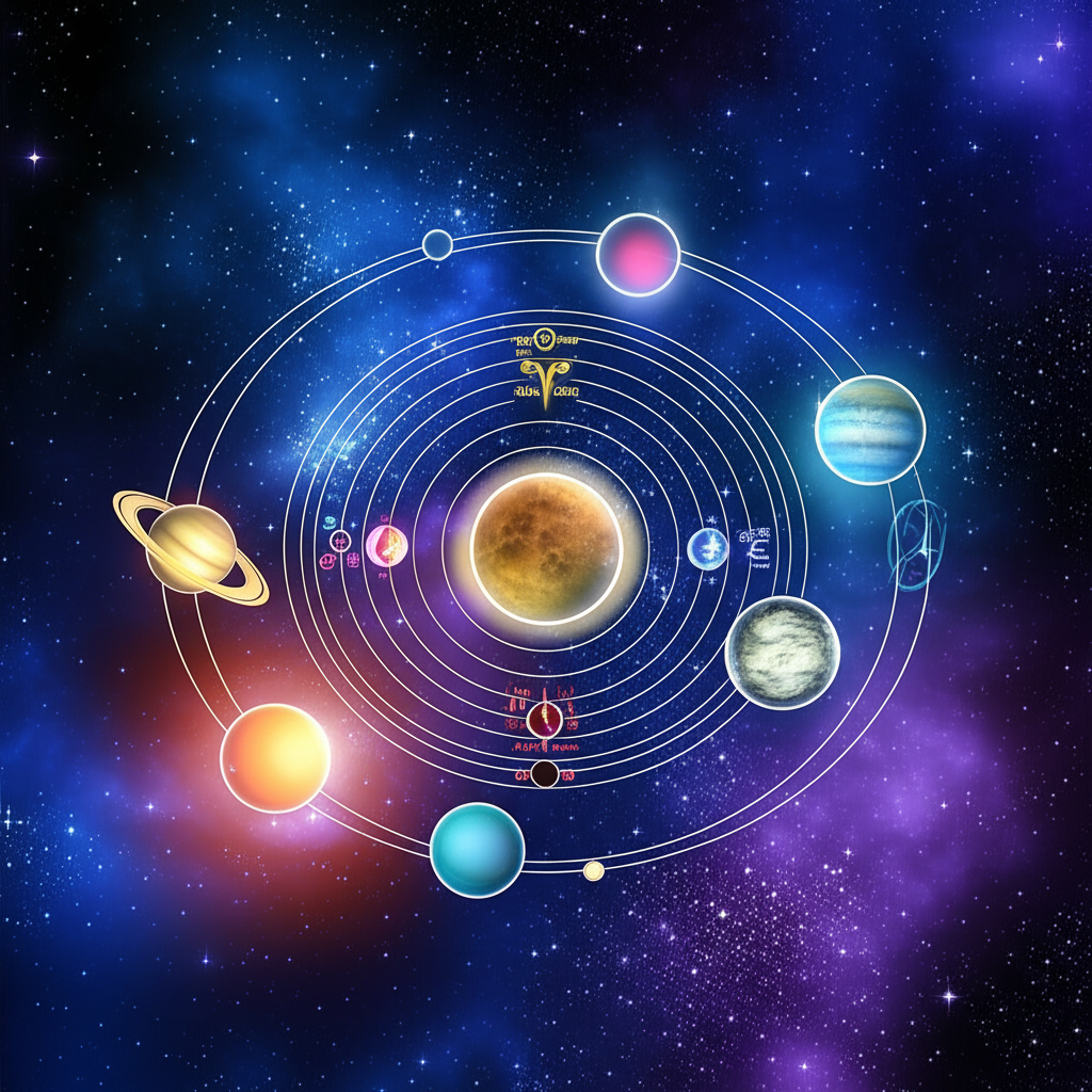 Изображение космической натальной карты, символизирующее влияние кармических планет в гороскопе на жизненный путь и предназначение человека.