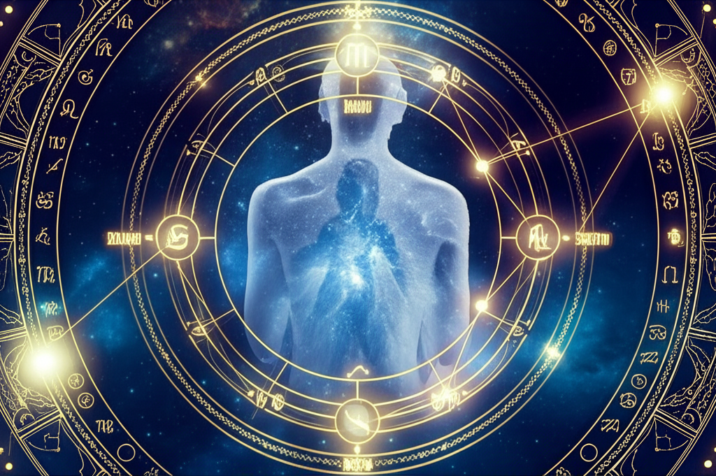 Кармические указатели в гороскопе на фоне стилизованной натальной карты.
