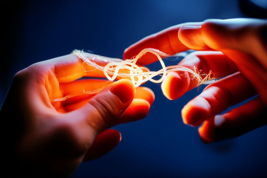 Две руки бережно распутывают светящиеся кармические узлы на темном фоне.