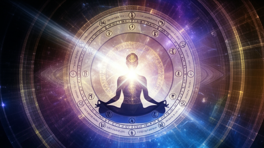 Изображение человека, медитирующего на фоне астрологической натальной карты, символизирующей кармические задачи по натальной карте и путь души к эволюции.