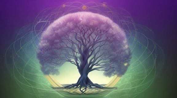 Символическое изображение человека, медитирующего среди эфирных огней и космических символов, олицетворяющих проработку глубокого Кармического урока.