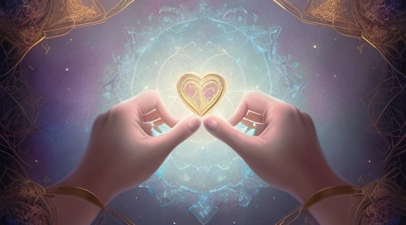 Изображение демонстрирует волшебные Карты любви и судьбы, излучающие мягкий свет на фоне космических вихрей и цветочных мотивов.