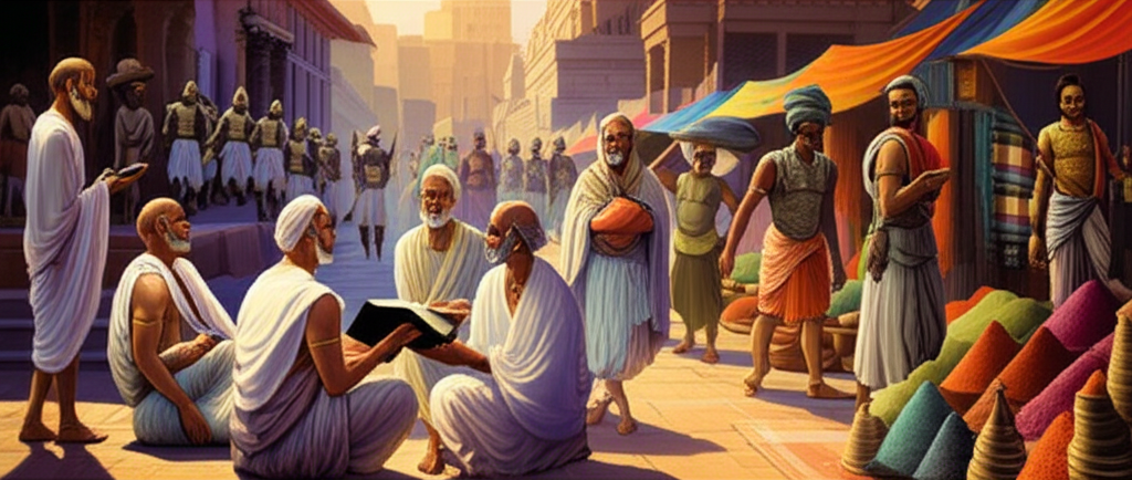 Древнеиндийское общество, где касты и варны определяют социальные роли людей на оживленной улице.