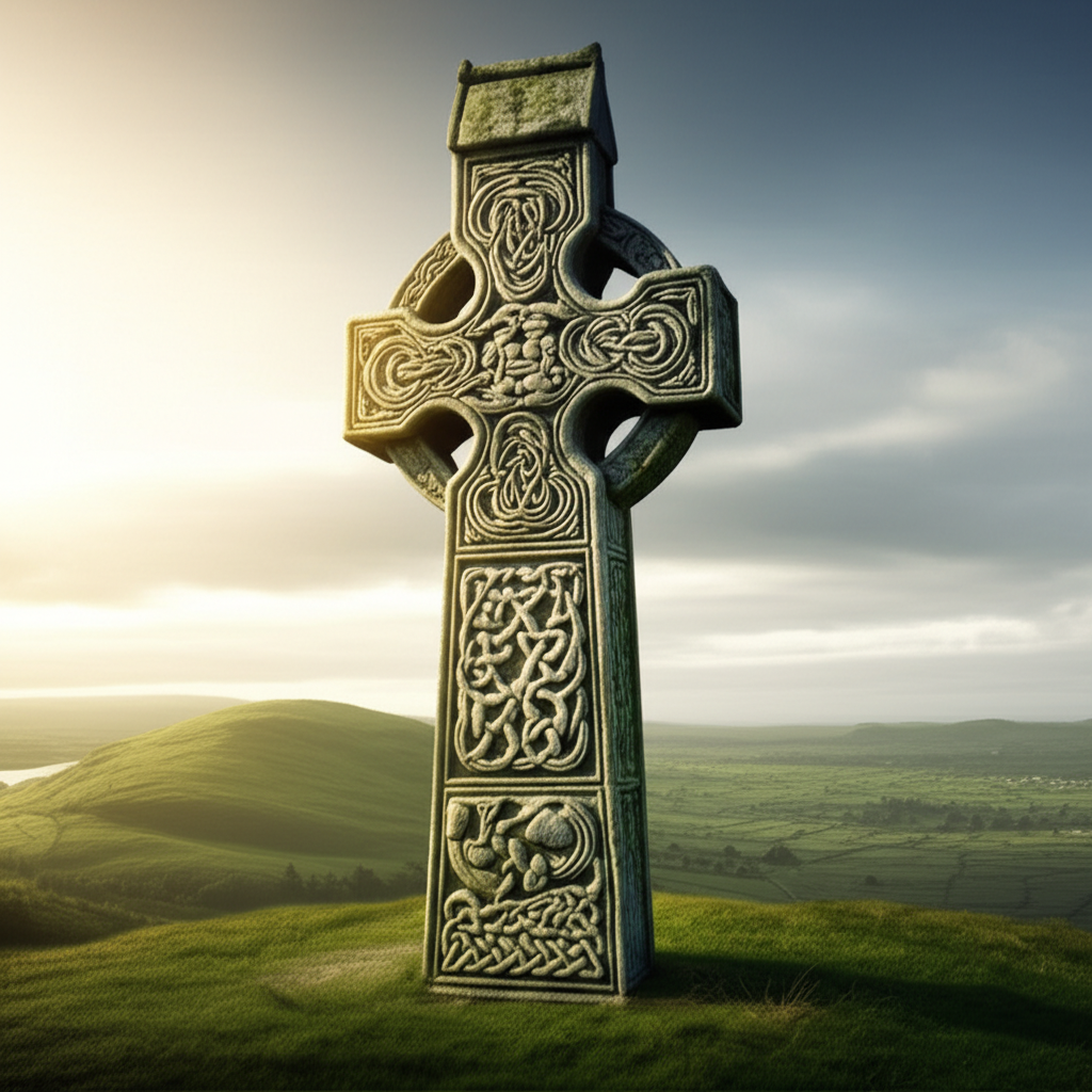 Древний каменный кельтский крест с резными узорами на фоне ирландского пейзажа.