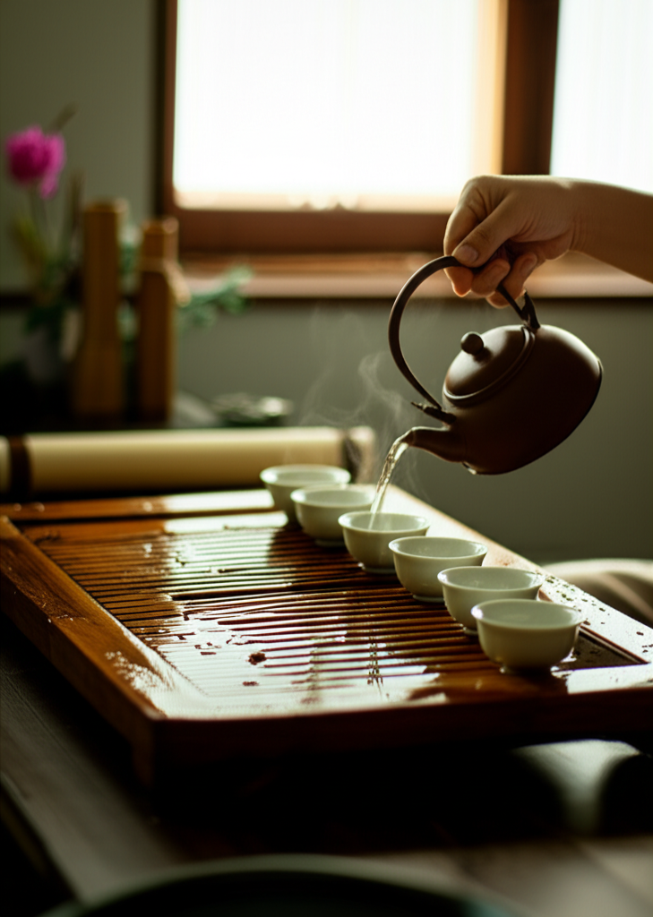 Изысканная китайская чайная церемония с мастером, разливающим ароматный напиток из глиняного чайника в пиалы.