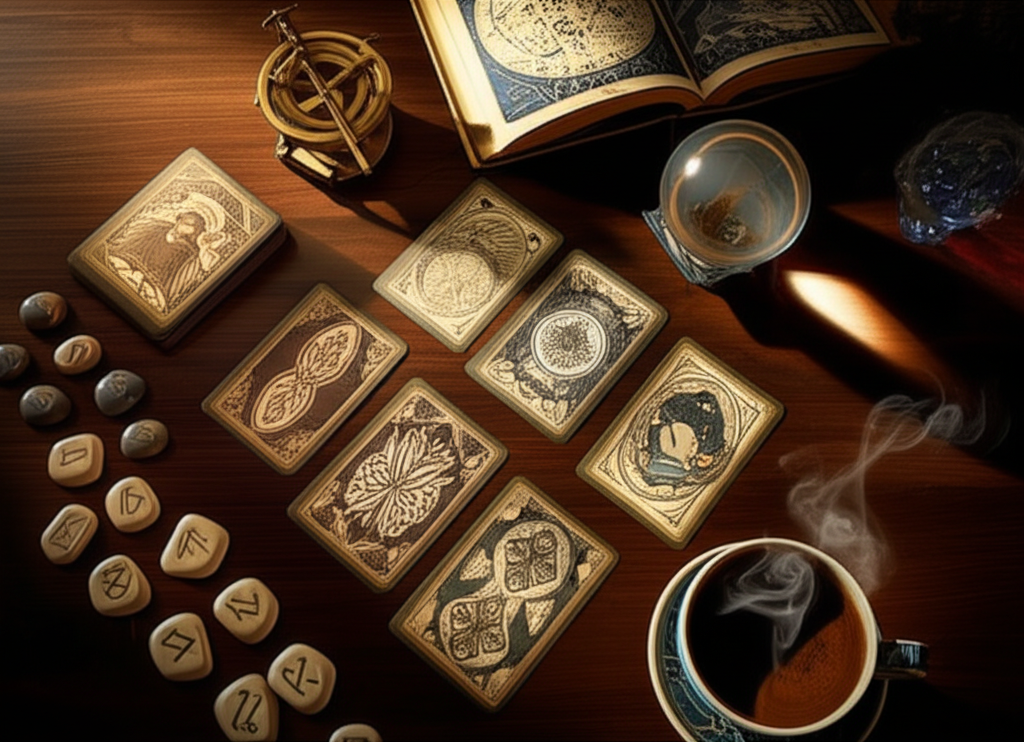 Подробная классификация гаданий: различные инструменты на столе эзотерика.