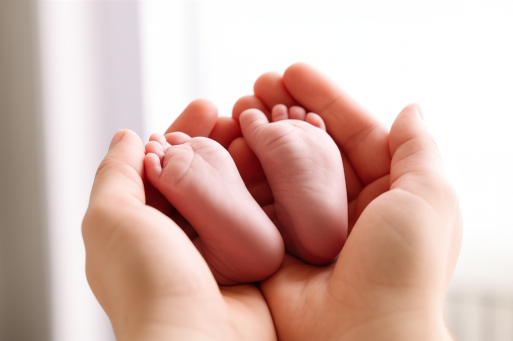 Полезные советы для будущего папы: мужчина с нежностью держит в руках крошечные ножки своего новорожденного ребенка.