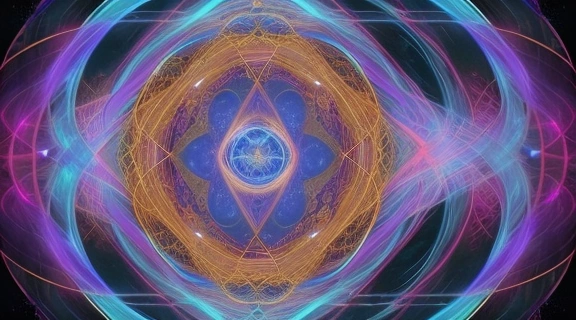 Изображение демонстрирует Книга перемен физика свойства времени, объединяя древние китайские гексаграммы и современные физические концепции времени и пространства.