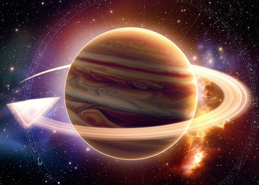 Изображение гигантской планеты Юпитер в космическом пространстве, символизирующее период, когда Юпитер ретроградный в 2025 году.