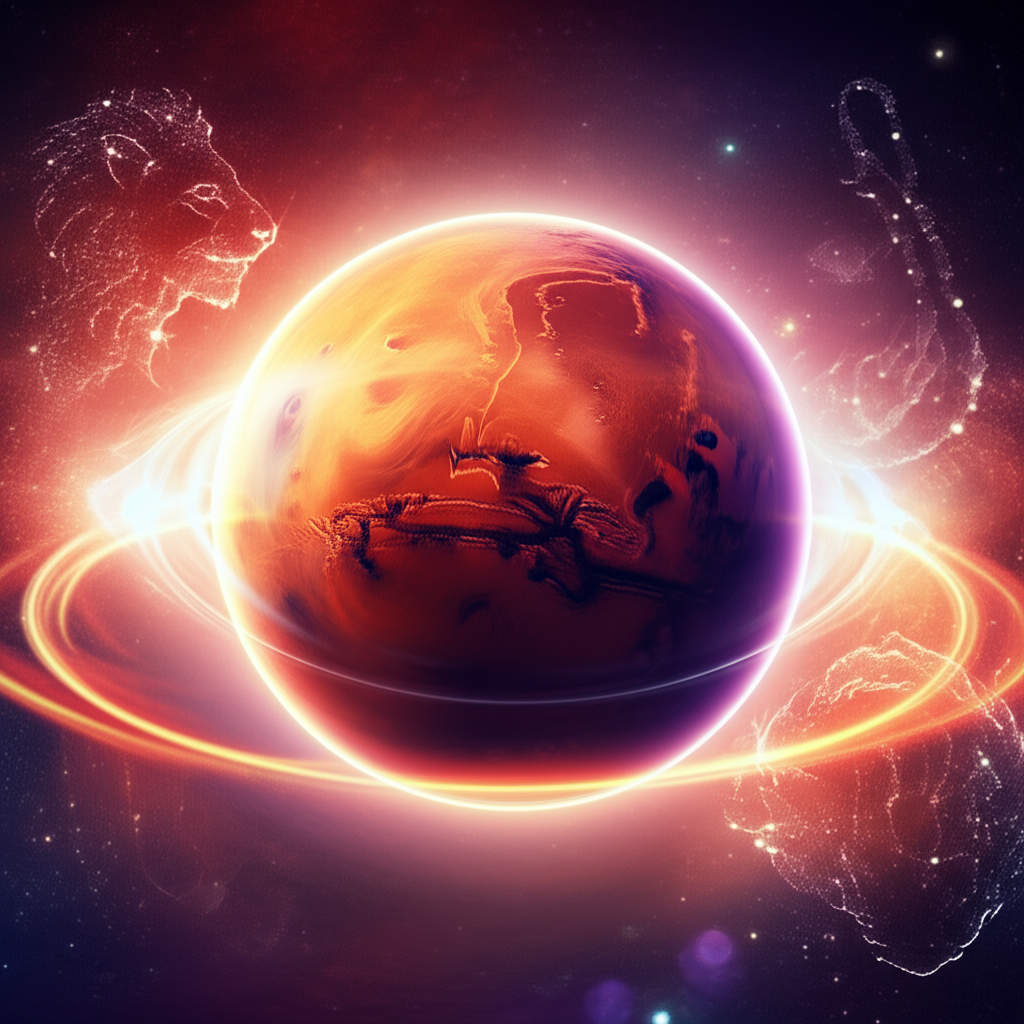 Символическое изображение красной планеты Марс, окруженной внутренним свечением, иллюстрирующее когда Марс ретроградный в 2025, с элементами знаков зодиака Льва и Рака на фоне.