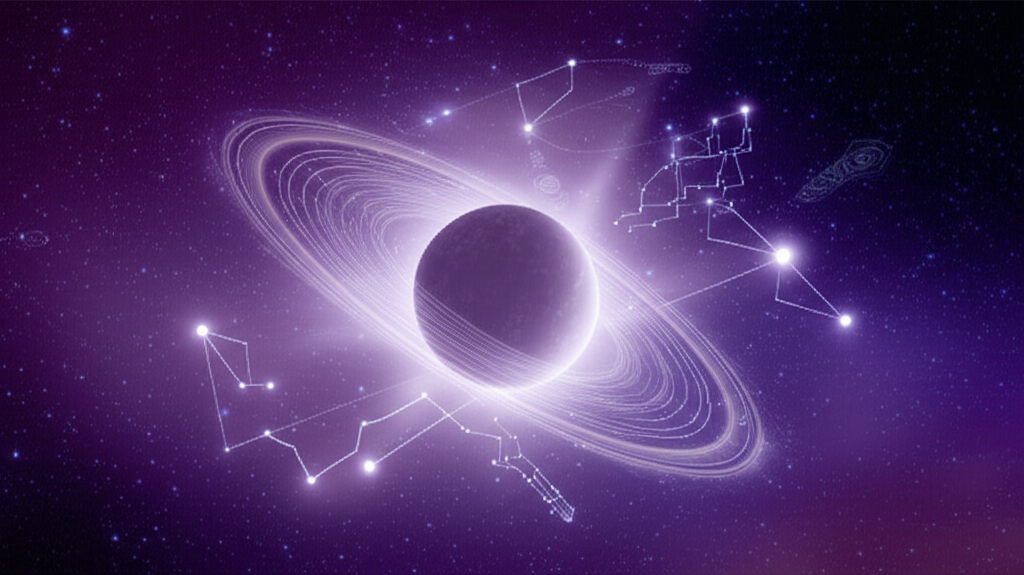 Иллюстрация, изображающая планету Меркурий, совершающую ретроградное движение в космическом пространстве, символизирующая астрологические периоды, когда Меркурий ретроградный в 2025 году, с элементами коммуникаций и технологий.