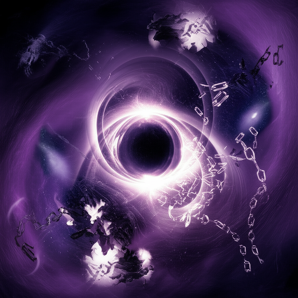Иллюстрация, символизирующая глубокие трансформации и внутреннюю работу, которые происходят, когда Плутон ретроградный в 2025, с элементами космоса, разрушающихся старых структур и зарождающихся новых энергий.