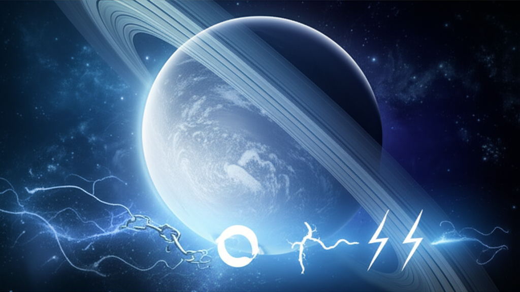 Иллюстрация, символизирующая внутренние изменения и освобождение, когда Уран ретроградный в 2025, с изображением планеты и абстрактных элементов.