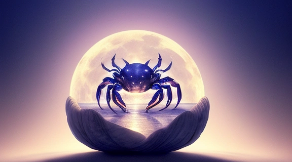 Стилизованный рак с сияющей раковиной в лунном свете, символизирующий когда влюбляется рак и раскрывает своё сердце.