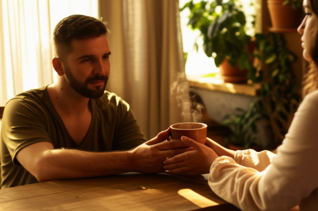 Иллюстрация, демонстрирующая, когда влюбляется телец через заботливый жест и создание комфорта.