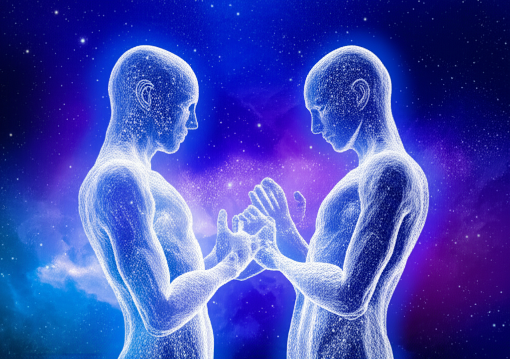 Глубокая эмоциональная связь, иллюстрирующая, когда влюбляются Рыбы, в виде двух светящихся фигур в космосе.